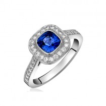 18ct White Gold Sapphire & Diamond Halo Ring - S:1.17 D:32