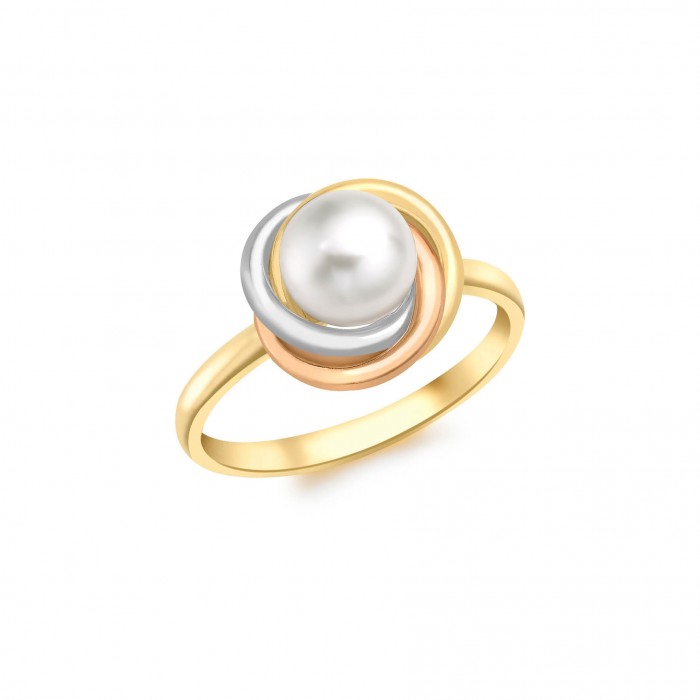 9ct 3-colour Gold Knot & 8mm Pearl Ring