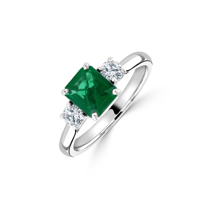 Platinum Three Stone Emerald & Diamond Ring - E 1.08  D 0.30