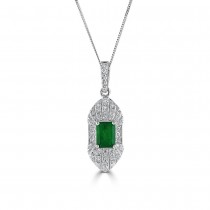 18ct White Gold Emerald & Diamond Art Deco Pendant E 0.85 D 0.50
