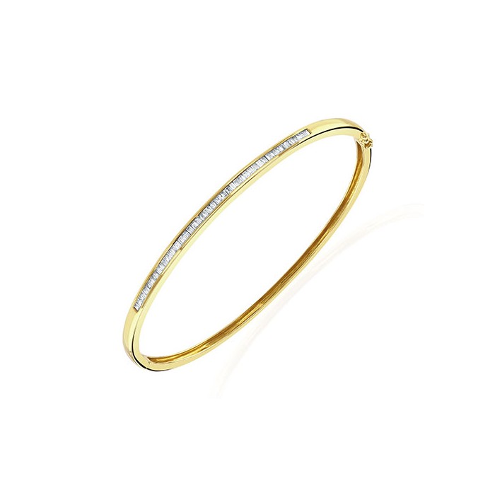 18ct Gold Baguette Diamond Set Oval Hinged Bangle - 0.50cts