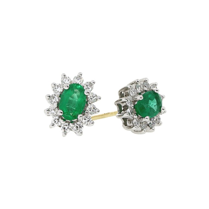 18ct Gold Oval Emerald & Diamond Cluster  Earrings E 0.89 D 0.41
