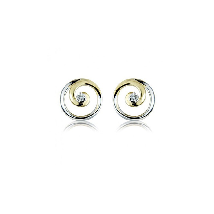 9ct Yellow & White Gold Diamond Set Swirl Earrings - D:0.03cts