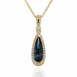 9ct Gold London Blue Topaz & Diamond Pendant & Chain D 0.15ct