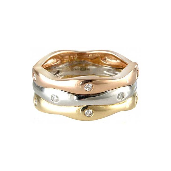 9ct Three Colour Gold Diamond Set Wave Ring - 0.12ct
