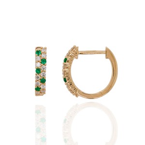 9ct Gold Emerald and Diamond Huggy Hoop Earrings - D 0.22cts