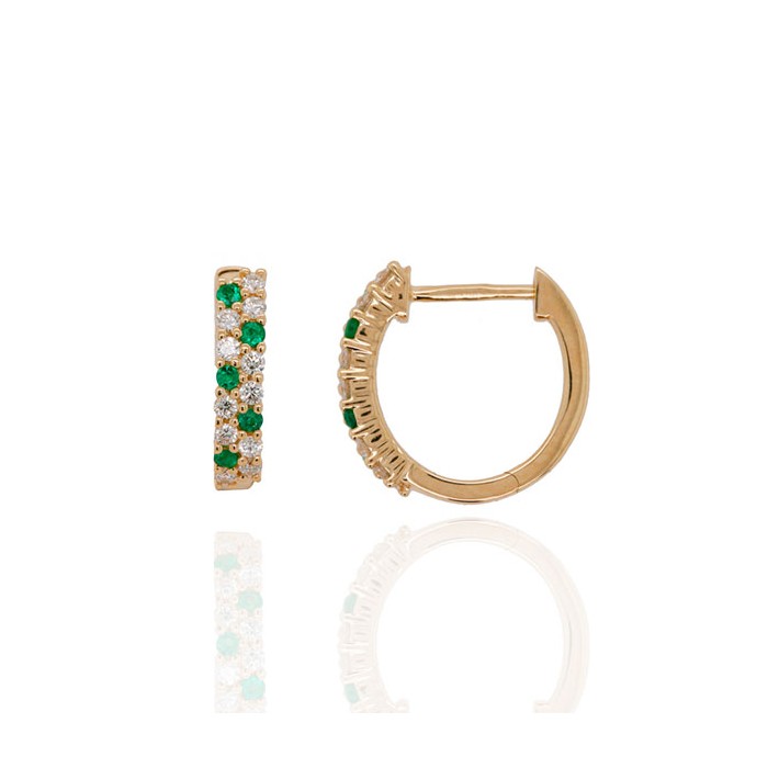 9ct Gold Emerald and Diamond Huggy Hoop Earrings - D 0.22cts