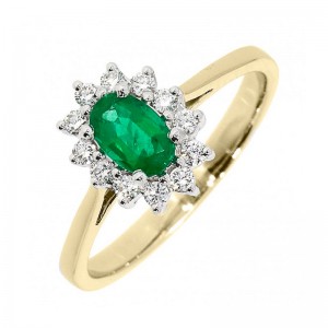 18ct Gold Emerald & Diamond Cluster Ring - E 0.37 D 0.17ct