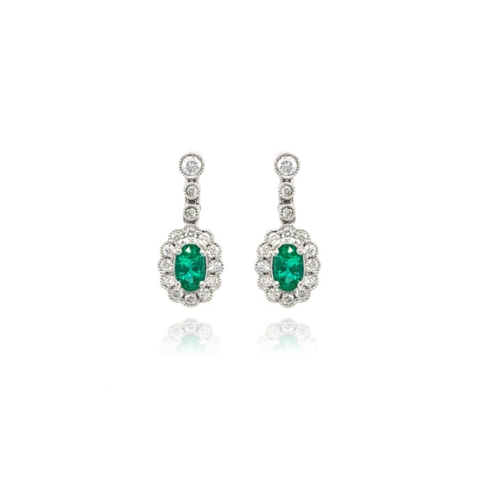 9ct White Gold Emerald & Diamond Scalloped Drop Earrings - 0.35