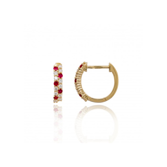9ct Gold Ruby & Diamond Huggy Hoop Earrings - D 0.22ct