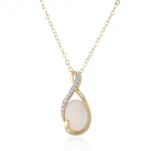 9ct Gold Oval Opal & Diamond Pendant
