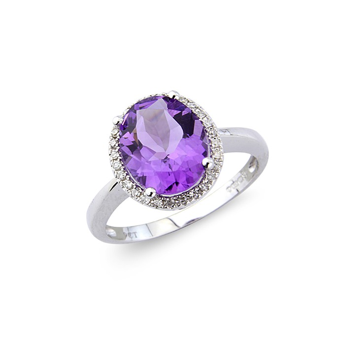 9ct White Gold Amethyst & Diamond Cluster Ring - D:0.12cts