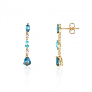 9ct Gold Blue Topaz & Diamond Drop Earrings