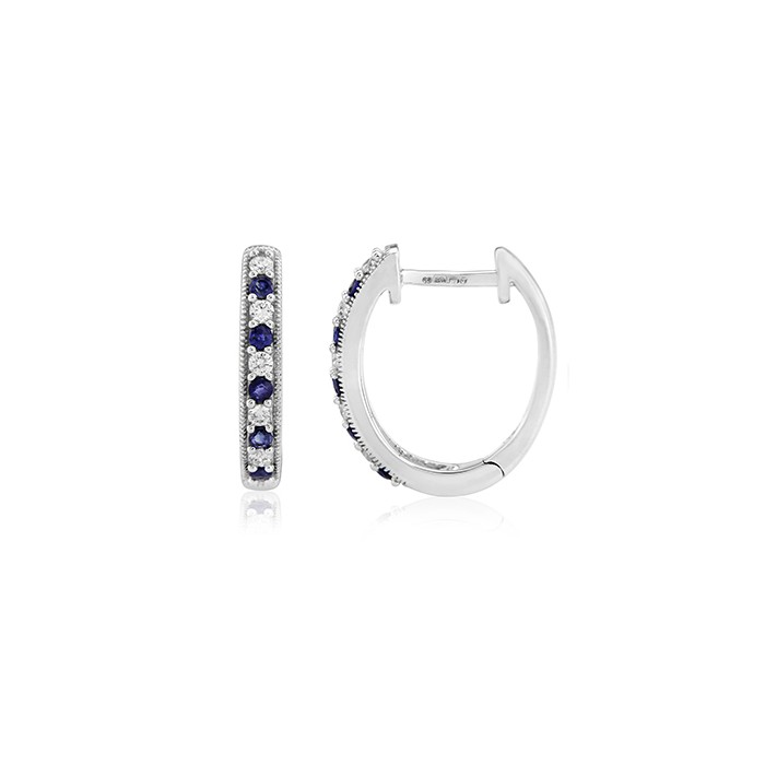 9ct White Gold Diamond & Sapphire Hoop Earrings - D: 0.14cts