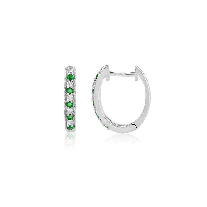 9ct White Gold Diamond & Emerald Hoop Earrings