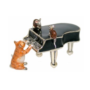 Saturno Sterling Silver & Enamel Cat Playing Piano - 13051