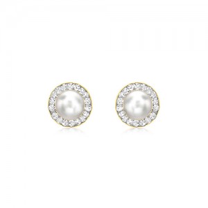 9ct Yellow Gold Pearl And CZ Stud Earrings