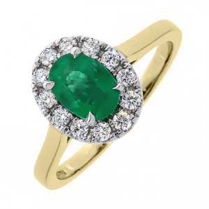 18ct Gold Oval Emerald & Diamond Cluster Ring - E 0.69 D:0.22ct