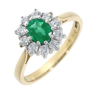 18ct Yellow Gold Emerald & Diamond Cluster Ring - E 0.53 D 0.42